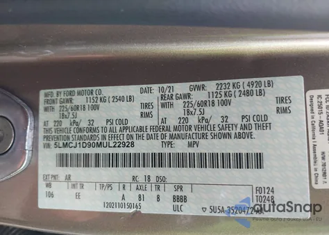 2021 Lincoln Corsair Standard from USA, damaged, VIN 5LMCJ1D90MUL22928